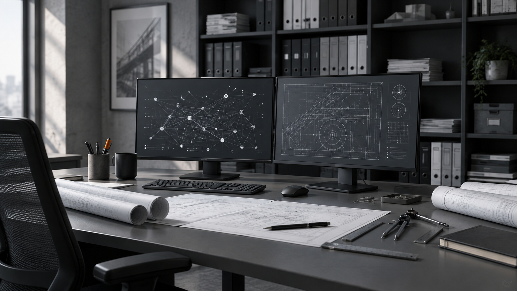 Oficina técnica de Ateco Ingenieros con planos y esquemas de red
